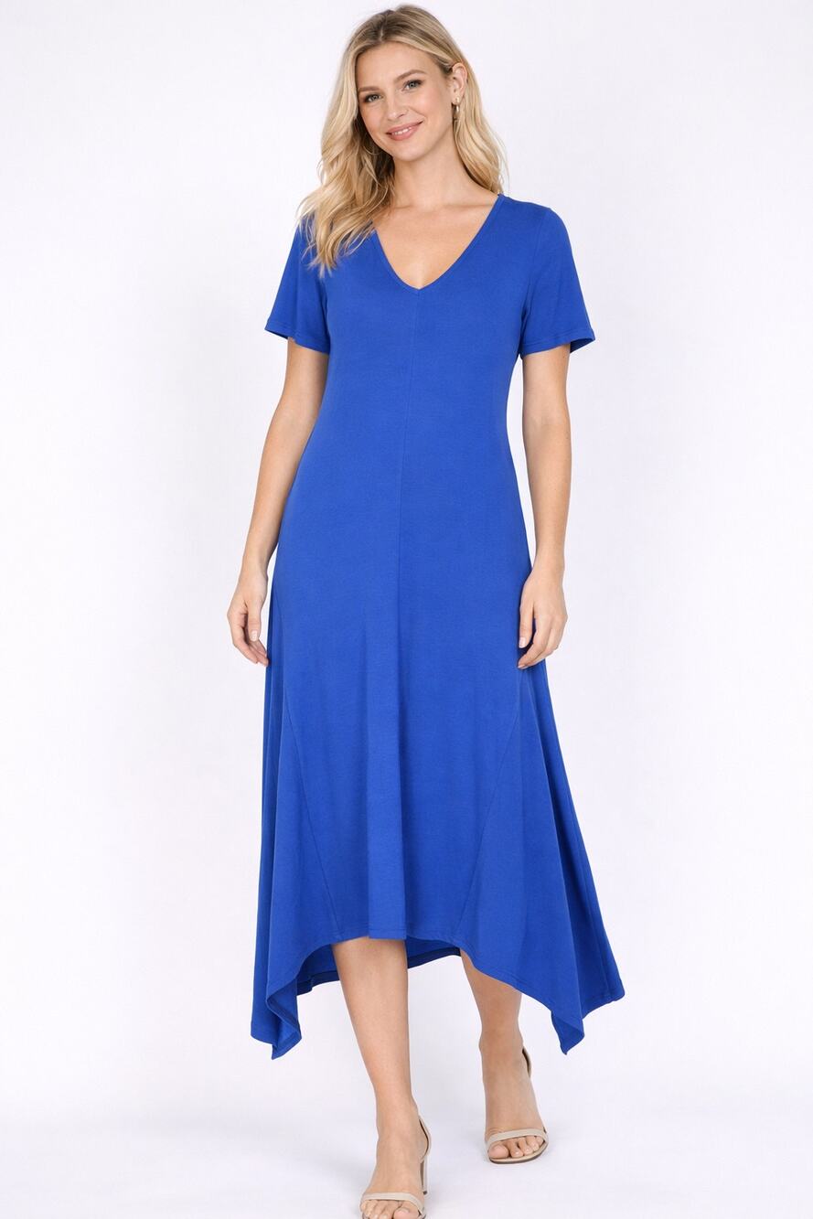 Soft Surroundings Womens Blue Short Sleeve V Neck Dress Asymmetric Hem Size M